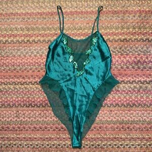 80s VTG VICTORIAS SECRET GREEN SATIN MESH BODYSUIT ONE PIECE